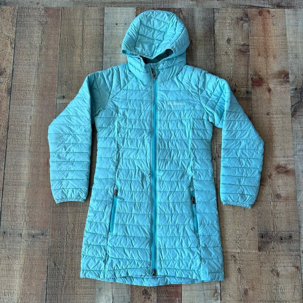 Columbia Girls Size Medium 10/12 Long Length Light Blue Puffer Jacket With Hood